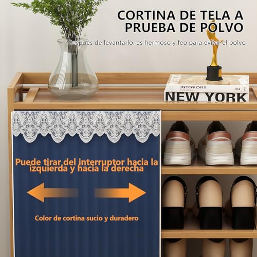 Zapatera Organizador, 6 Niveles 30 Pares de Armario de Almacenamiento de Zapatos, Zapatero con Cortinas, Zapatero de Bambú para Entrada, Vestíbulo y Pasillo