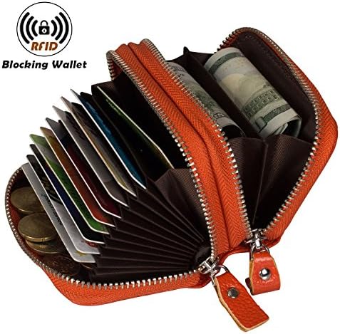 Noedy RFID Genuine Leather Card Wallet Secure Spacious Zipper Small Purses For Men &amp; Women Orange