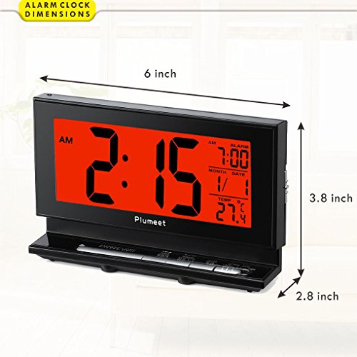 Plumeet Digital Alarm Clock with Auto-Night Light & Temperature, Snooze, Large LCD Numbers, Simple Setting, Battery Operated Only (Black)