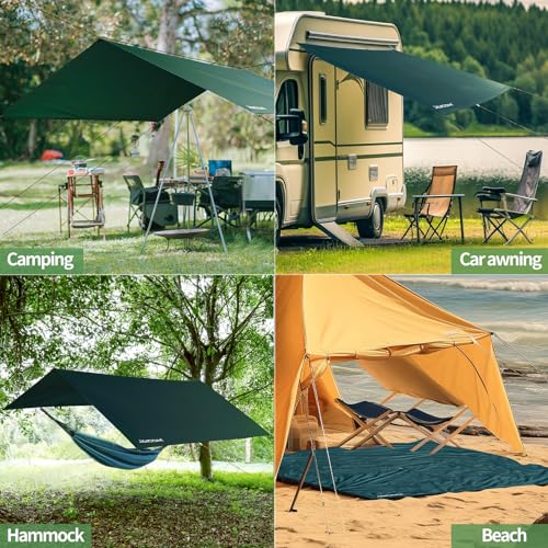 JAICOM Tarp Waterproof - 3 x 3 m / 4 m / 5 m Camping Tent Tarpaulin, Ultralight and Portable, UV Protection & Snow & Rain, with Eyelets, Nylon Ropes, Aluminium Pins, for Hammocks, Outdoor Activities, Patios