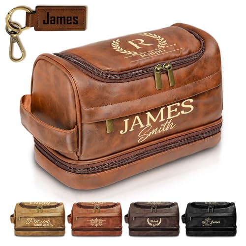 PUREFLY Personalized Toiletry Bag for Men Him, Gifts for Men, Custom Leather Travel Bag Shave Kit, Engraved Pattern Text, Ideal Christmas Gift for Dad, Birthday, Boyfriend, Anniversary, Husband, Son