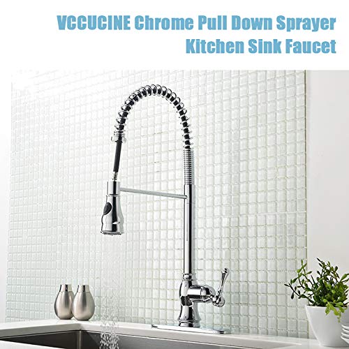 VCCUCINE Commercial High Arc Single Handle Stainless Steel Pull Down Sprayer Chrome Kitchen Sink Faucet, Pull Out Kitchen Faucets With Deck Plate - Thumbnail 2