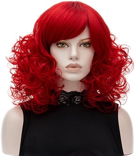 Wgior Women's Short Wavy Curly Anime Wigs Natural Halloween Cosplay Costume Party Hair with Side Bangs (Red 2)