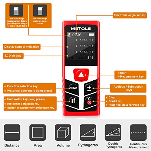 WETOLS Laser Distance Meters, 196ft M/In/Ft Laser Measure with Electronic Angle Sensor and Mute Function, Backlit LCD, for Pythagorean, Distance, Area and Volume Measuring, WE-182