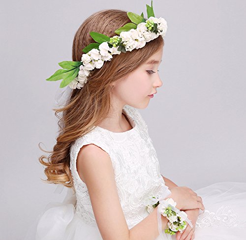 KSDN Wedding Flower Girls Headpiece Halo Garland Hair Wreath With Wrist Band White