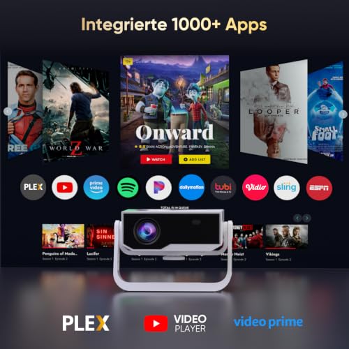 Wielio Upgrade Smart Projector, Integrated App, Supports 4K, WiFi & BT Project, 120° Adjustable Stand, Vertical Keystone Correction and Electronic Focus Home Cinema Projector for Mobile Phone/PC