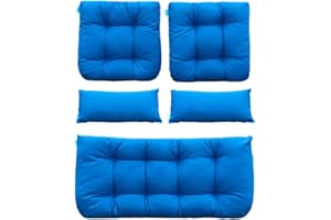 QILLOWAY Outdoor Patio Wicker Seat Cushions Group Loveseat/Two U-Shape/Two Lumbar Pillows for Patio Furniture,Wicker Loveseat,Bench,Porch,All Weather, Settee of 5 (Blue)