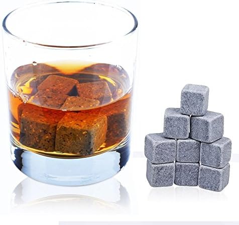 Whiskey Stones (Set of 9) - Natural Smooth Granite Stone - Reusable Scotch Rocks - Whisky Chilling Cubes - Gift Set of 9 - BONUS: Black Velvet Pouch