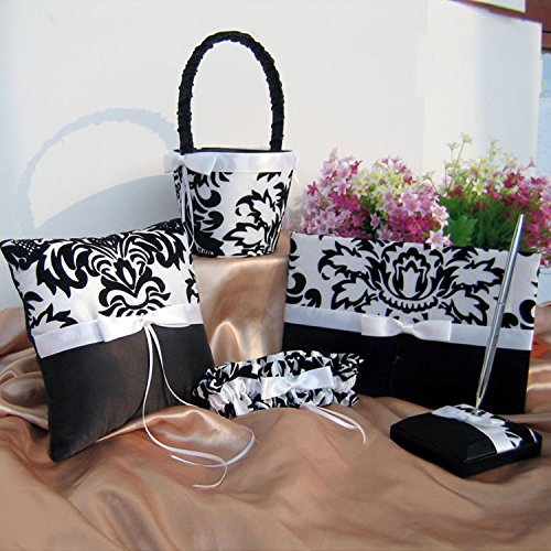 Wedding Flower Girl Basket Rings For Ring Bearer Pillow Garter Guest Book Pen Wedding Set Decoration Ribbon Ceremony Party Favors For Guests (Black With White)