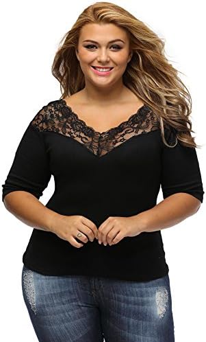 Women Fashion Large Plus Size Lace Top V Neck Short Sleeve Shirts (XXL)