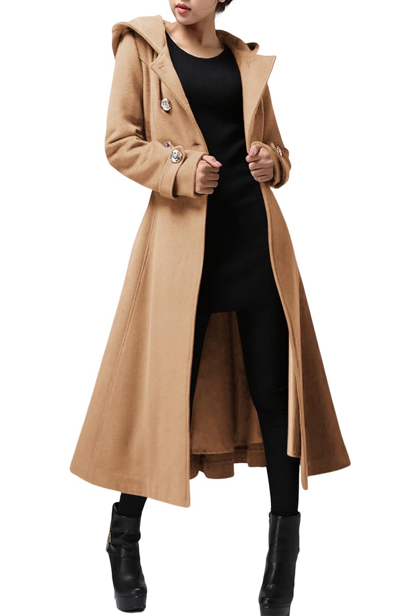 Photo 1 of Cicy Bell Womens Long Double-Breasted Hooded Coat Winter Warm Wool Trench Coat with Belts