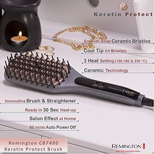 Cepillo Alisador Keratin Protect Straight, Queratina y Aceite Almendras, Generador Iónico para Cabello Sin Encrespamiento, Cerámica, 3 Temperaturas hasta 230°C, Calentamiento 30s, CB7480