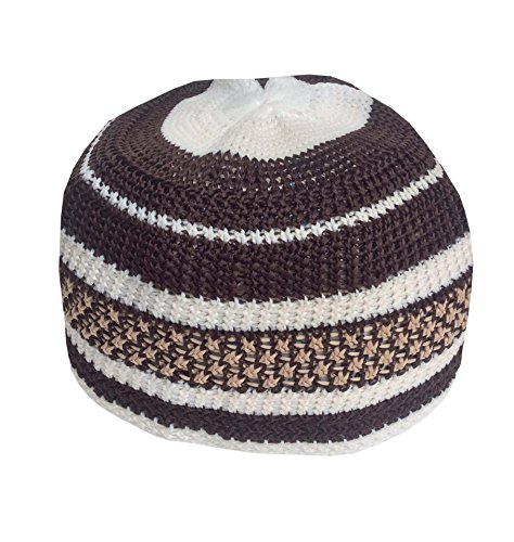 NDA Eid Koofi Mens Turkish Pakistani Stretchable Cap Moon Star Prayer Topi (Brown White)
