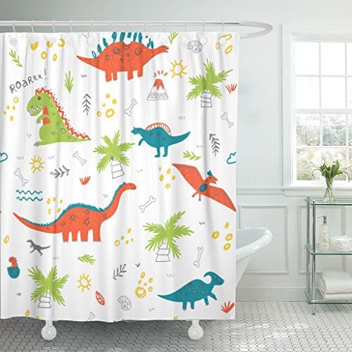 Breezat Shower Curtain Childish Pattern with Colorful Dinosaurs Vulcan Palm Tree Shell Can Be Printed and Used As Waterproof Polyester Fabric 60 x 72 Inches Set with Hooks