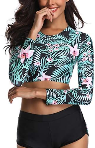Mnyycxen Womens Floral Printed Crop Top Lace up Back Shorts Long Sleeve Rash Guard Swimsuit Sun Protection Tankini