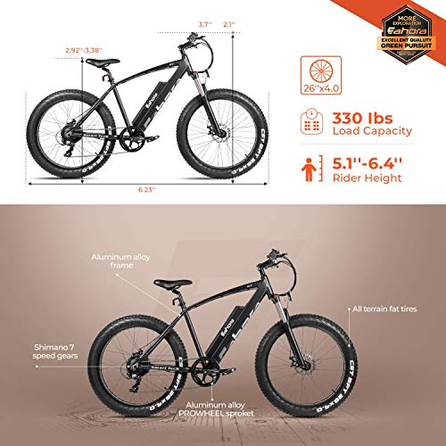 Eahora 500W 4.0 Fat Tire Electric Bicycle 26inch 48V Mountain Snow Electric Bikes for Adults Suspension Shock Absorber Fork Rebound/Lock Out Shimano 7-Speed Gear Shifts, E-PAS Recharge System XC200