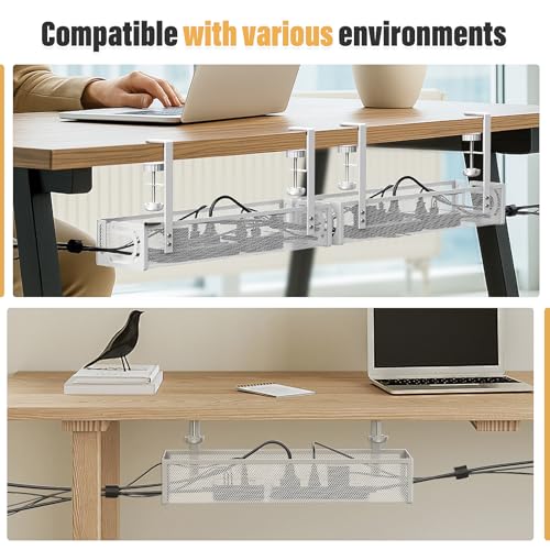 Under Desk Cable Management Tray No Drill, Metal Mesh Cable Tray with Clamp for Desk Wire Management, Desk Cable Management Box and Cord Organizer for Office, Home (White)