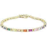 AFFY 14k Gold Plated 925 Sterling Silver Colourful Bar Setting Rainbow Baguette Sparkling Multi Color Sapphire Gemstone Tennis Bracelet, Jewelry for womens