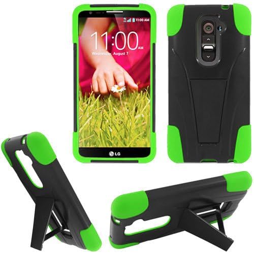 For Lg G2 4g LTE Phone Case Rugged Neon Green Silicone Corner with Hard Cover Kickstand