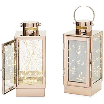 Rose Gold Flameless Lanterns - 30 LED Fairy Lights on Copper Wire, 9 Inch Tall, for Christmas Decorations, Home Decor or Wedding Centerpiece, Timer and Batteries Included - Set of 2