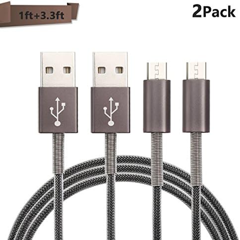 Micro USB cable 1ft+3.3ft, CABVIC 2pack nylon braided usb to USB charging and Data Syn cable with cable protector for cellphones, Android tablet, Windows, Camera, E-reader and usb devices(Gray)