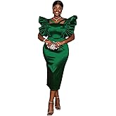 AOMEI Women Ruffle Cap Sleeve Cutout Midi Dress Elegant Square Neck Back Slit Pencil Dresses for Christmas Party Holiday