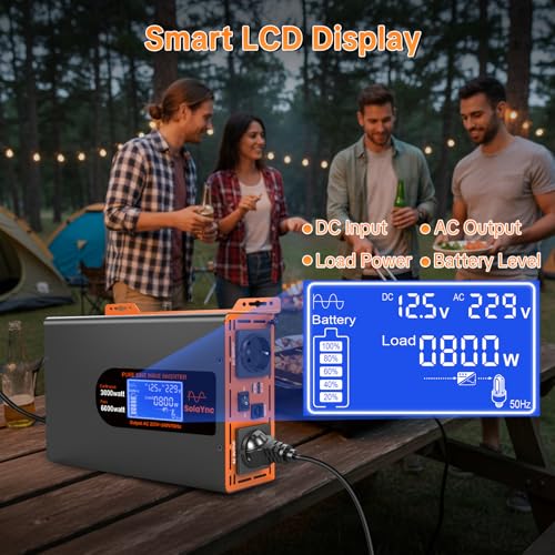 SolaYnc 3000W/6000W 12V 220/230V Pure Sine Inverter DC AC Sine Wave Inverter, with LCD Display, Remote Control, 2 EU AC Sockets, Type-C 30W Interface and USB Port, for Cars, Boats, Trucks