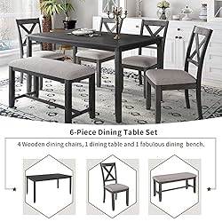 6 Pieces Dining Table Set, Wood Rrectangle Table
