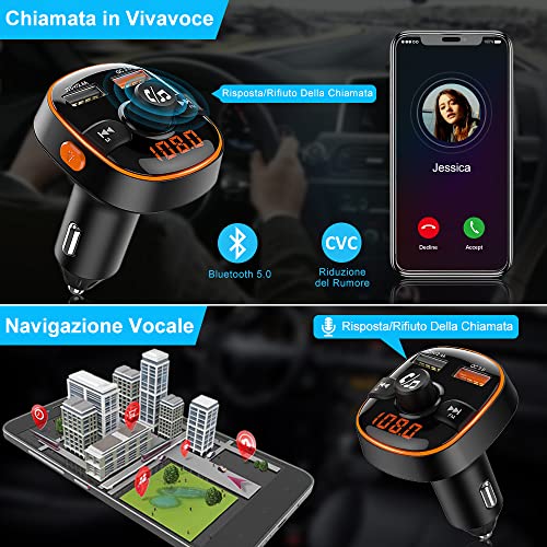 Goigrn Bluetooth per Auto, 7 Colori Controluce Trasmettitore Bluetooth per Auto con Ricarica QC3.0 e Porta USB 5V 2,4A, Kit Vivavoce per Auto, Trasmettitore Bluetooth Supporto U Disk/TF Card