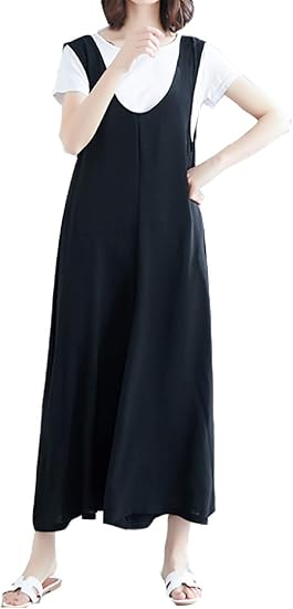 Amazon Qian Qian パンツ オールインワン ワイド サロペット ワンピース マキシワンピース レディース ワイドパンツ ロング丈 ゆったり シンプル 無地 オールインワン 通販