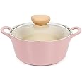 Neoflam Retro 3qt Non-Stick Ceramic Coated Stockpot with Integrated Steam Vent, Silicone Hot Handle Holder Included, Saute Pot, Casserole, Dutch Oven, 3-QT w/Glass Lid, Pink