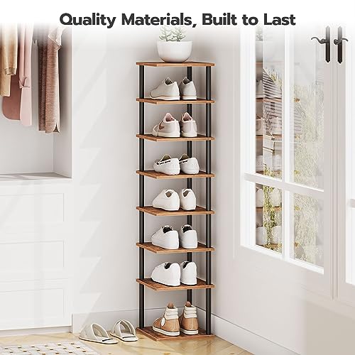 HOOBRO Vertical Shoe Rack for Small Space, 8-Tier Corner Shoe Rack, Narrow Shoe Storage Organizer for Entryway, Hallway, Bedroom, No-Tool Assembly, Wooden, Rustic Brown and Black EBF22XJ01