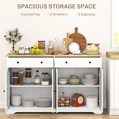 HOMCOM Sideboard Buffet Cabinet with Storage, 55" Kitchen Cabinet with Adjustable Shelves, 2 Drawers and 4 Doors, Coffee Bar Cabinet with Rubberwood Tabletop, White