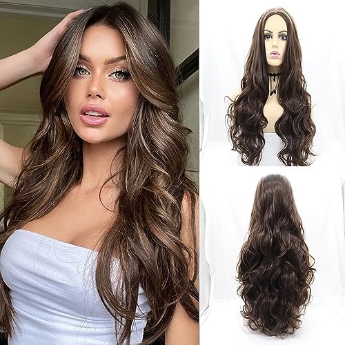 xiweiya Mixed Brown Non-lace Front Wig Long Body Wave Mixed Brunette Synthetic Wig Middle Part Heat Resistant Fiber Hair Natural Hairline 24 inches for Women