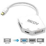 RICOV Ultimate 3-in-1 Mini DP (Thunderbolt) to 4K HDMI, DVI, VGA Adapter, Compact 1080p Mini Display (mDP) Converter for MacBook Air, MacBook Pro, iMac, iMac Mini, Surface Pro Series, Glossy White