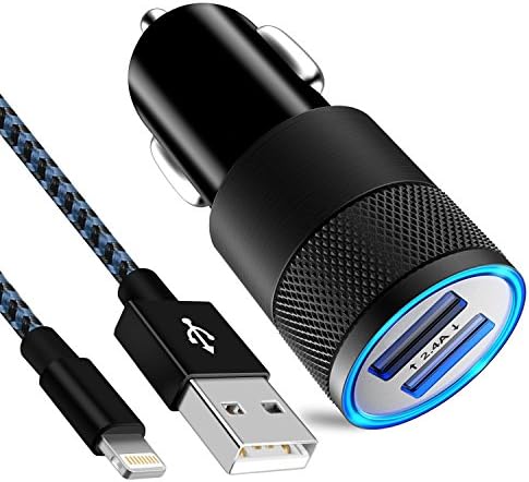 Suanna iPhone Car Charger, 24W/4.8A Rapid Dual Port USB Car Charger Adapter with LED Indicator Light and 3FT Lightning USB Cable Charging Cord for iPhone X 8 7 Plus 6S 6 SE 5S 5, iPad - Black Blue