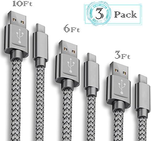 USB Type C Cable, HoPerain Cable 3 Packs USB C Cable [3FT, 6FT, 10FT] Nylon Braided USB A to USB C Charger Cable Quick Charge Cable Samsung Galaxy Note 8, LG G5 G6 V30, HTC10 (Gray)
