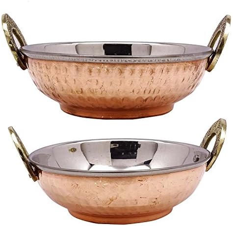 Set Of 2 Copper Karahi Indian Cuisine Tableware Serving Bowl Copper Steel Décor