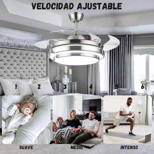 Megaluz F500VL01 Ventilador de techo con lámpara led y control remoto y APP, 42 pulgadas, luz fría, cálida y neutra, aspas retractiles, Abanico 3 velocidades y motor silencioso (Metal satinado).