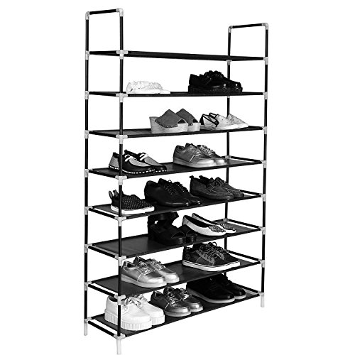 Amashion 8 Tiers Shoe Rack 40 Pairs Non-Woven Fabric Steel Pipes Free Standing Shoe Tower Organizer Cabinet 39.37 x 11.02 x 56.3 (Black Pipes Black Fabric, 8 Tier)