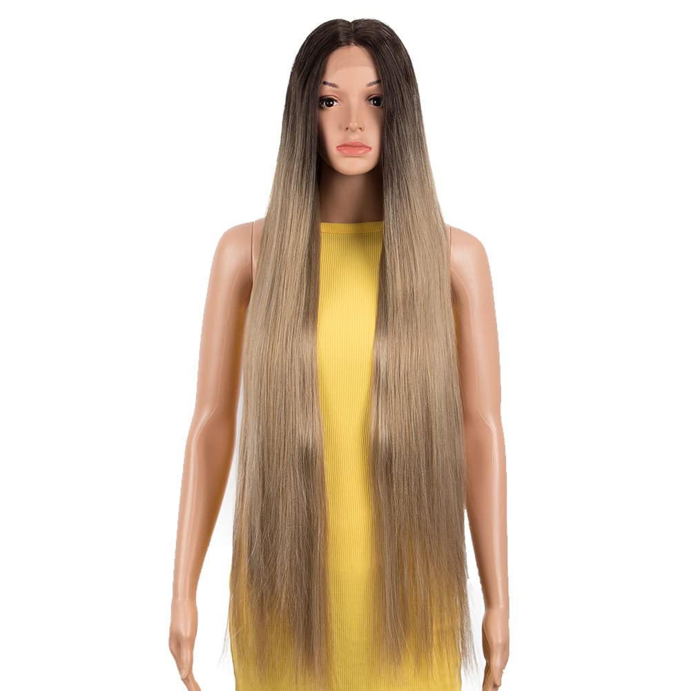 DÉBUT Lace Front Wig Super Long Straight Wig for Women 38 inches 260g Synthetic Hair Heat Resistant Fiber 130% Density (38 inches, OMBRE BLONDE)