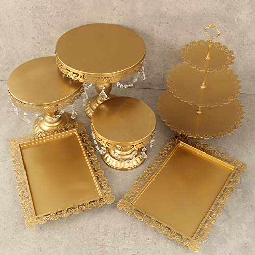 Lucky Monet 6Pcs Crystals Cake Stand Cupcake Tower Stand Wedding Plates Set Metal Round Party Dessert Display Décor with Crystals Beads (6pcs, Gold) - Thumbnail 4