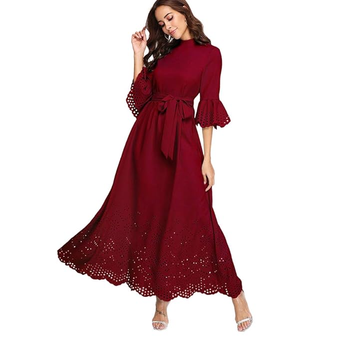 DIDK Damen Maxikleider A Linie Ballonkleid Abendkleid Cocktai Kleid Partykleid mit Stehkragen Gürtel Knoten Lochmuster Volant