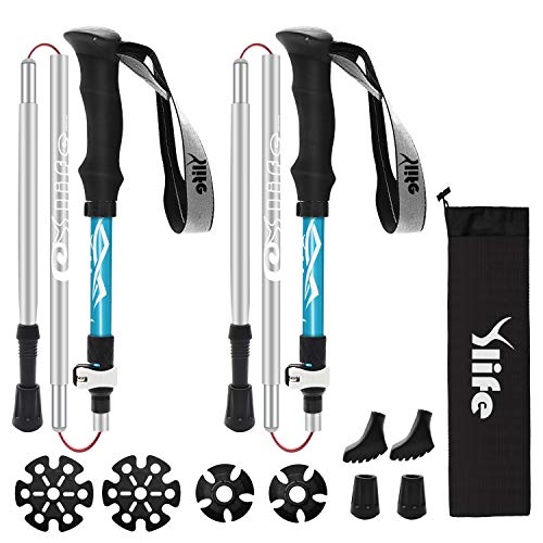 Ylife Trekking Poles, 2 Pack Foldable Hiking Sticks, Strong Lightweight Aluminum 7075, Adjustable Quick Flip-Lock, Perfect for Hiking, Walking, Backpacking and Snowshoeing (Blue)