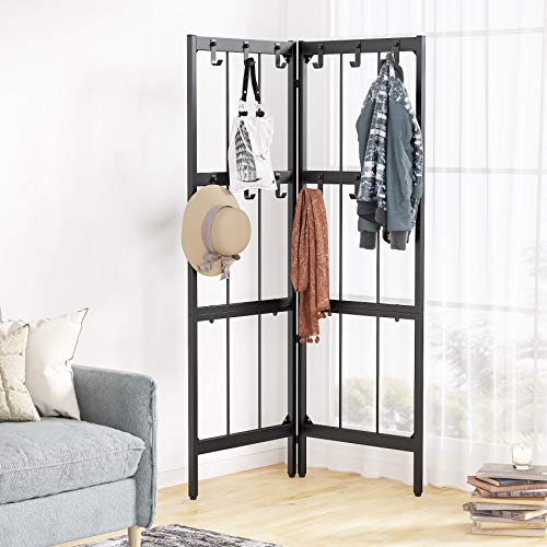 Tribesigns Corner Coat Rack, Folding Free Standing Hall Tree Storage with 12 Hooks, Metal