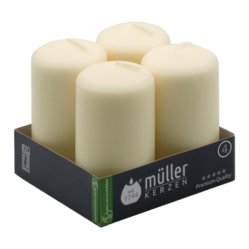 Müller Small Pillar Candles - Set of 4 - Ivory - Unscented - 4,8 x 9 Cm - 16 Hours Long Burning Decorative Candles - Dripless Wax - Smokeless Wick - RAL Quality - Made in Germany