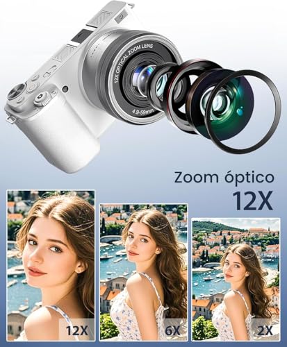 Câmera Digital 4K 64MP Branca com Zoom Óptico 12X, Tela Flip Touch 2.88" para Selfie e Vlog, Flash LED, WiFi, Câmera Compacta para Iniciantes e Criadores de Conteúdo