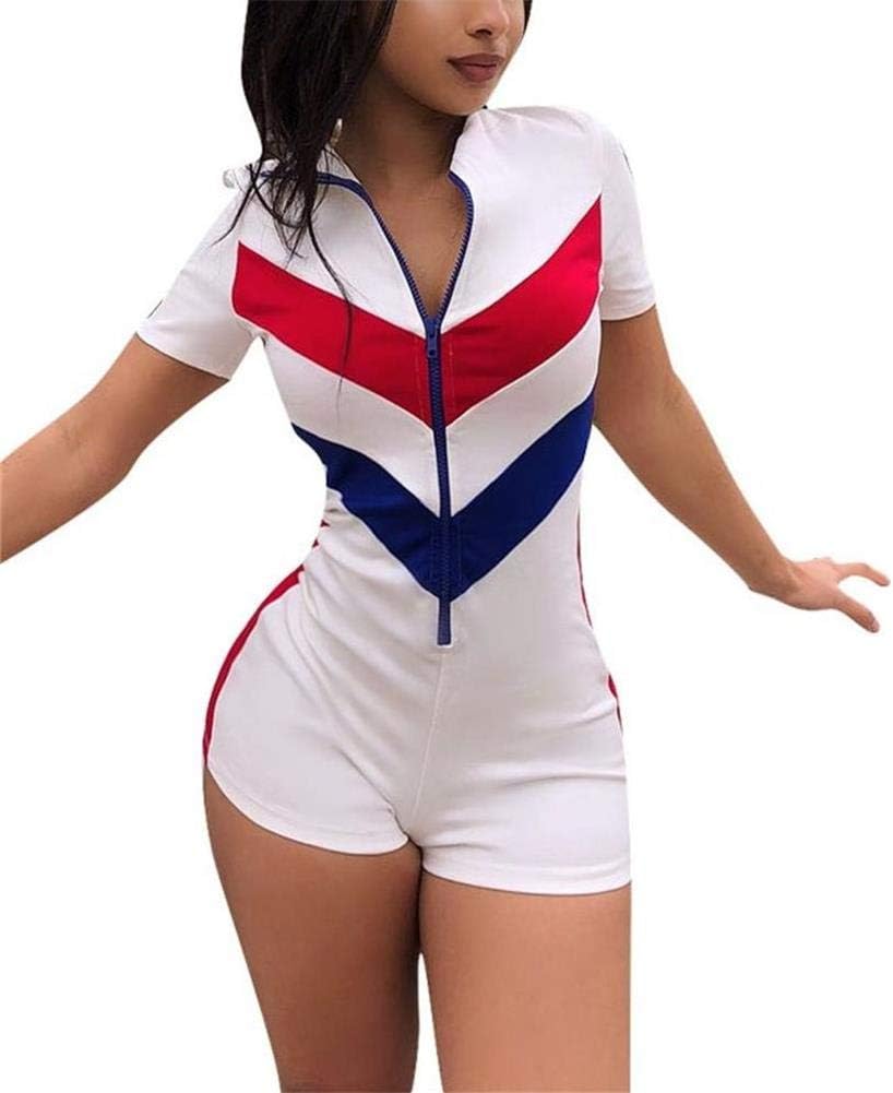 Women Summer Sexy Sportswear V Neck Short Sleeve Color Stripe Slim Fit Tracksuit Jumpsuits Rompers