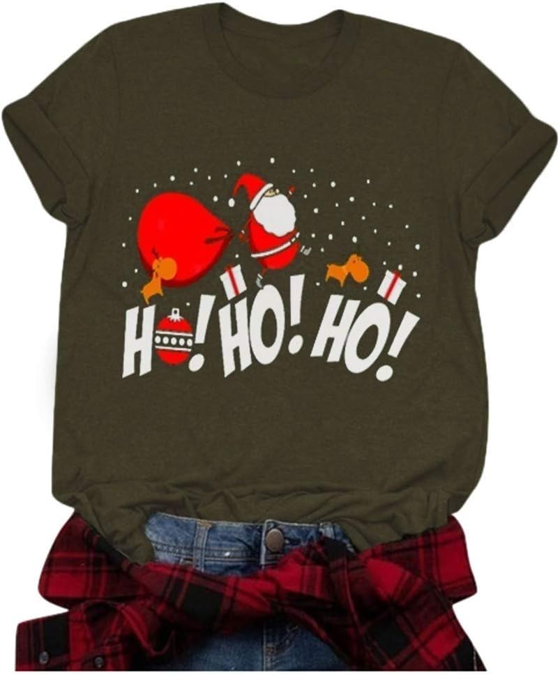MNLOS HOHOHO Letters Print T-Shirt Christmas Santa Graphic Printed Short Sleeve T Shirt Green