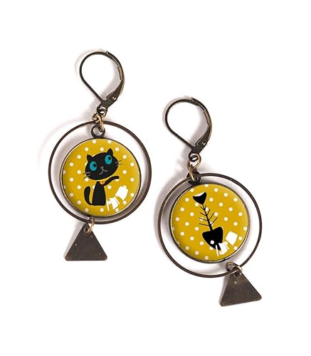 Boucles Doreilles Cabochon Petit Chat Et Son Poisson